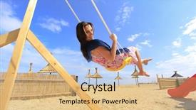  Presentation with swing - Slides featuring girl playing on a swing-set on the beach background and a coral colored foreground