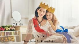  Presentation with queen - Colorful presentation enhanced with happy loving family is preparing for a costume party mother and her child girl playing together beautiful queen and princess in gold crowns backdrop and a coral colored foreground