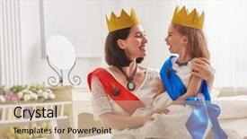  Presentation with queen - Amazing slides having happy loving family is preparing for a costume party mother and her child girl playing together beautiful queen and princess in gold crowns backdrop and a soft green colored foreground