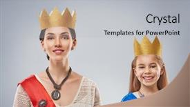  Presentation with queen - Amazing PPT layouts having happy loving family is preparing for a costume party mother and her child girl playing together beautiful queen and princess in gold crowns backdrop and a light gray colored foreground
