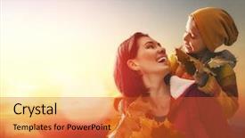  Presentation with children little child girl plays - Theme with girl playing together on autumn background and a red colored foreground