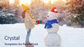  Presentation with children little child girl plays - PPT theme featuring girl playing with a snow background and a sky blue colored foreground