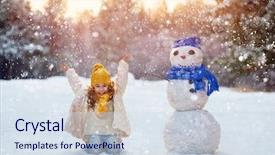  Presentation with children little child girl plays - Presentation design consisting of girl playing with a snow background and a sky blue colored foreground