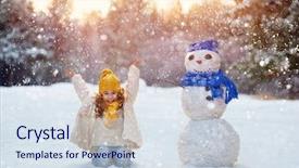  Presentation with children little child girl plays - Beautiful slide deck featuring girl playing with a snowman backdrop and a sky blue colored foreground