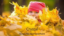  Presentation with autumn leaves - PPT layouts featuring girl playing with autumn leaves background and a gold colored foreground