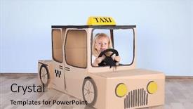  Presentation with taxi - Amazing slide set having girl playing with cardboard taxi backdrop and a coral colored foreground