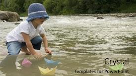 Presentation with boats - Presentation theme having girl playing with paper boat background and a coral colored foreground