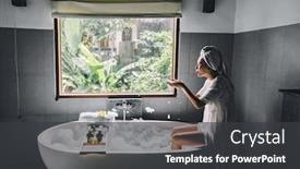 Presentation with luxury hotel - Presentation theme enhanced with girl playing with soap foam on bath by window relaxing in bali luxury spa hotel background and a dark gray colored foreground