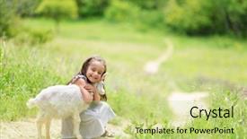  Presentation with animal nature - Slide set featuring girl plays and huhs goatling background and a yellow colored foreground