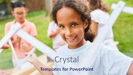  Presentation with summer camp - PPT layouts featuring girl-plays-with-a-folding background and a sky blue colored foreground