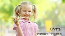  Presentation with children little child girl plays - Presentation design consisting of girl plays with wooden plane background and a  colored foreground