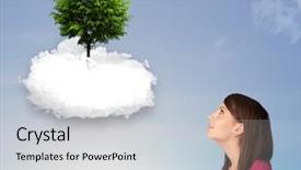  Presentation with green tree - Audience pleasing PPT theme consisting of girl pointing at a green backdrop and a  colored foreground