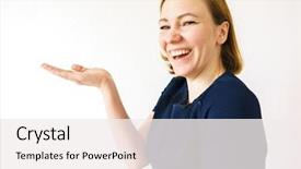  Presentation with product - PPT theme consisting of girl pointing to the side background and a  colored foreground