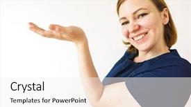  Presentation with product - Colorful presentation theme enhanced with girl pointing to the side backdrop and a sky blue colored foreground