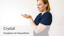  Presentation with young business woman smile show - Slide deck featuring girl pointing to the side background and a white colored foreground