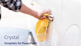  Presentation with car door - Presentation theme with girl-polishing-car-door-handle background and a sky blue colored foreground