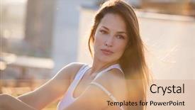  Presentation with cheerful stylish city girl using - Cool new presentation theme with girl portrait at sunset backlight backdrop and a coral colored foreground