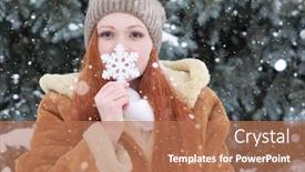  Presentation with winter weather - PPT theme consisting of girl portrait at winter outdoor snowy weather showing big snowflake toy background and a coral colored foreground