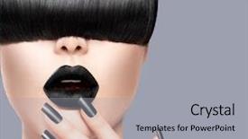  Presentation with makeup fashion model applying lipstick - Theme having girl portrait with trendy hair background and a light gray colored foreground