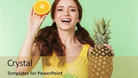  Presentation with beautiful green - Cool new slides with girl posing isolated over green backdrop and a gold colored foreground