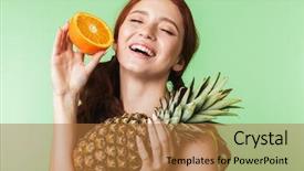  Presentation with guava fruits fresh green fruit - Theme enhanced with girl posing isolated over green background and a coral colored foreground