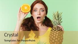  Presentation with guava fruits fresh green fruit - Amazing PPT layouts having girl posing isolated over green backdrop and a yellow colored foreground