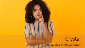  Presentation with cute - Colorful PPT layouts enhanced with girl posing isolated over yellow backdrop and a gold colored foreground
