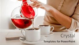  Presentation with beverage tea - Theme enhanced with girl-pouring-with-hot-tea background and a mint green colored foreground