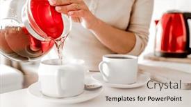  Presentation with beverage tea - Presentation design consisting of girl-pouring-with-hot-tea background and a soft green colored foreground