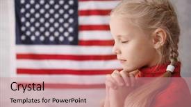  Presentation with american history old flag - Amazing PPT layouts having girl praying on american flag backdrop and a coral colored foreground