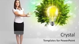  Presentation with alternative energy idea light bulb - Amazing presentation having girl presenting idea light bulb backdrop and a light gray colored foreground