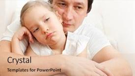  Presentation with sad girl - PPT theme featuring grievance - father comforts a sad girl background and a coral colored foreground