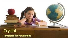  Presentation with red globe - Presentation theme enhanced with girl pupil sitting by the table with globe and red apple on a pile of books isolated on white background and a tawny brown colored foreground