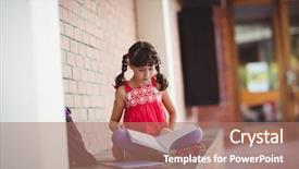  Presentation with girl reading - Beautiful PPT theme featuring girl reading a book outside on a sunny day backdrop and a coral colored foreground