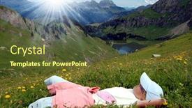  Presentation with alps - Presentation design with girl-relaxed-in-the-swiss background and a tawny brown colored foreground