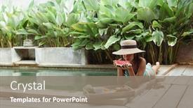  Presentation with luxury lifestyle - Beautiful presentation theme featuring girl-relaxing-and-eating-fruits backdrop and a gray colored foreground