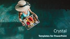  Presentation with luxury lifestyle - Amazing PPT theme having girl-relaxing-and-eating-fruits backdrop and a ocean colored foreground