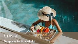  Presentation with luxury lifestyle - Beautiful slide deck featuring girl-relaxing-and-eating-fruits backdrop and a coral colored foreground