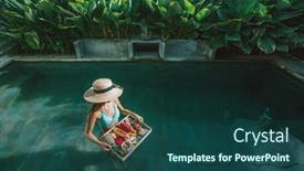  Presentation with luxury lifestyle - PPT theme with girl-relaxing-and-eating-fruits background and a ocean colored foreground