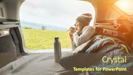  Presentation with mountain hiking - Beautiful slide deck featuring girl-resting-in-her-car backdrop and a tawny brown colored foreground