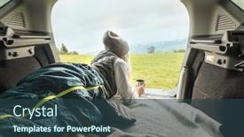  Presentation with mountain hiking - PPT theme enhanced with girl-resting-in-her-car background and a ocean colored foreground