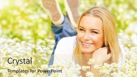  Presentation with beautiful spring flowers - Amazing PPT theme having girl resting on daisy meadow backdrop and a soft green colored foreground