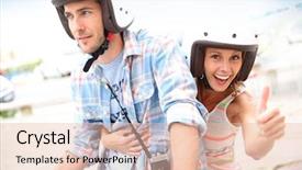  Presentation with moto - Colorful presentation theme enhanced with girl riding moto with boyfriend and showing thumb up backdrop and a lemonade colored foreground