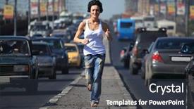  Presentation with highway - Presentation design consisting of girl running on highway middle in city background and a dark gray colored foreground