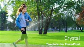  Presentation with water park - Audience pleasing slide set consisting of girl-runs-through-sprinkled-water backdrop and a seafoam green colored foreground