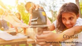 Presentation with summer camp - PPT theme enhanced with girl-sanding-wood-in-works background and a yellow colored foreground