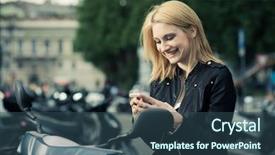  Presentation with sms - Beautiful slide deck featuring girl sending sms message sitting on her scooter backdrop and a ocean colored foreground