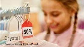  Presentation with shopping - PPT theme consisting of girl-shopping-during-50-sale background and a coral colored foreground