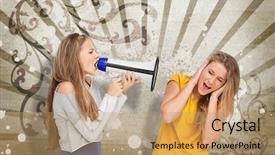  Presentation with art deco - Theme featuring girl shouting at another through a megaphone on beige art deco style background background and a coral colored foreground