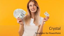  Presentation with skin care natural yellow - Presentation design consisting of girl showing bunch of money background and a  colored foreground